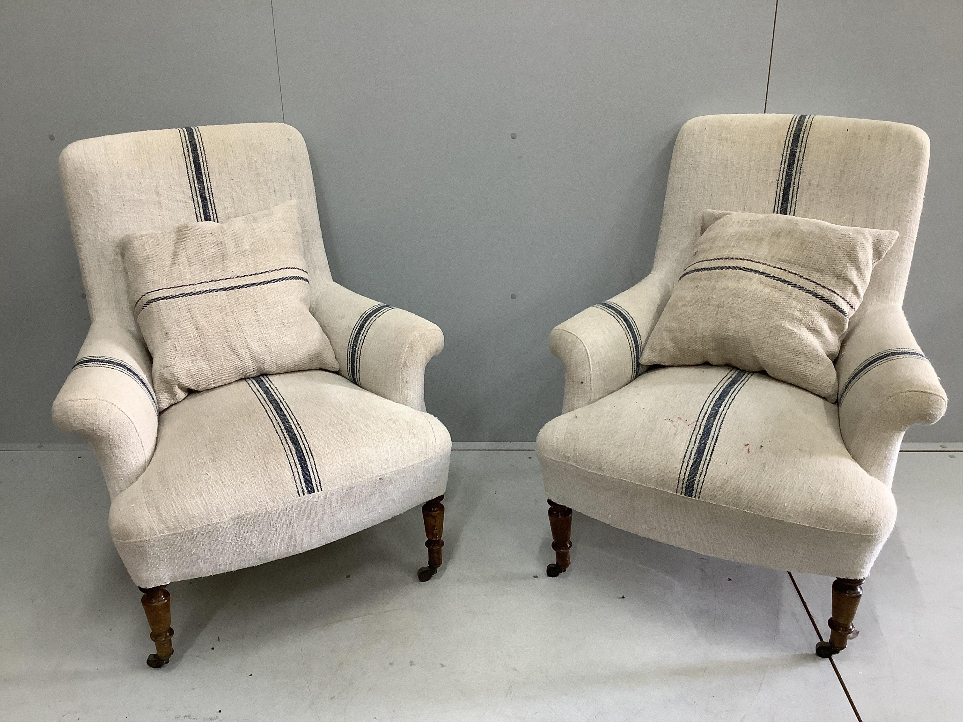 A pair of 19th century French armchairs, width 80cm, depth 70cm, height 92cm. Condition - fair